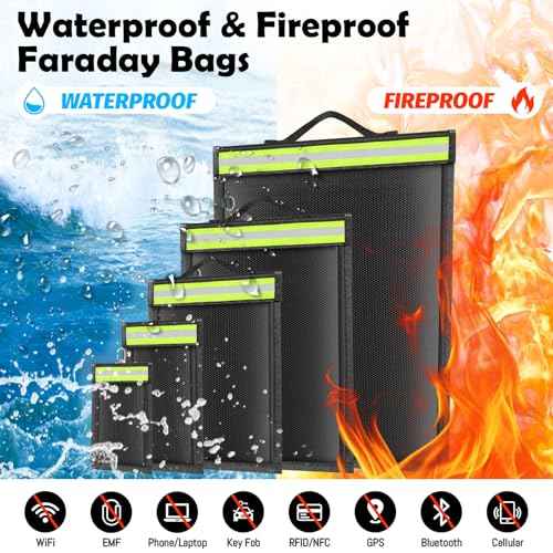 5 Pack Faraday Bags with Handle & Reflective Strip, Faraday cages for Laptops, Tablets, Phones, Car Keys, Anti-Tracking EMP Bag, Fireproof & Waterproof Signal Blocking Pouch