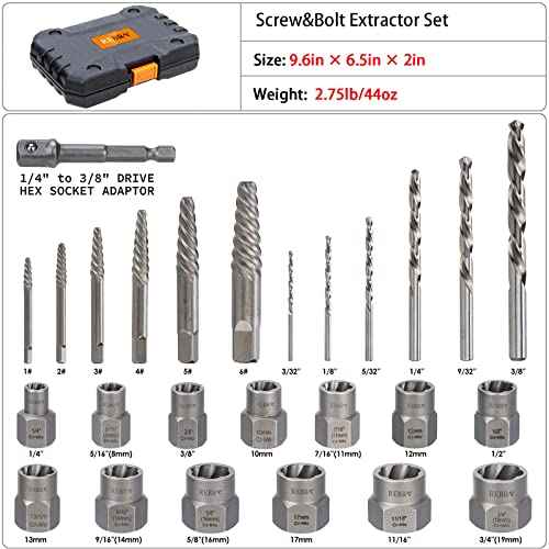 REBRA Screw Extractor and Left-Hand Drill Bit Set, Easy Out Broken Bolt Remover Reverse Cobalt HSS Steel Drill Kit, Ez Out Stripped, Rounded-Off, Damaged Bolts, Screws&Studs Removal Tool (26-Pieces)