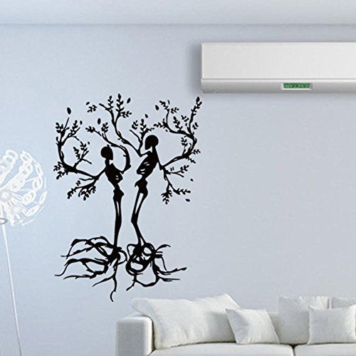 BIBITIME Halloween Vinyl Couple Skull Tree Wall Decal Black Skeleton Sticker for Living Room Porch Sofa Background Decorations Shop Showcase Window Kids Room Decor