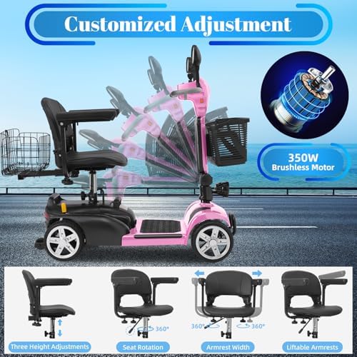 15-45 Miles Ecomobi MS02 4 Wheels Mobility Scooter for Adults/Seniors, 350W Powered Electric Wheelchair Device w/15Ah-25Ah Extended Battery, Dual Baskets/Rotating Seat, Compact Duty Mobile for Elderly