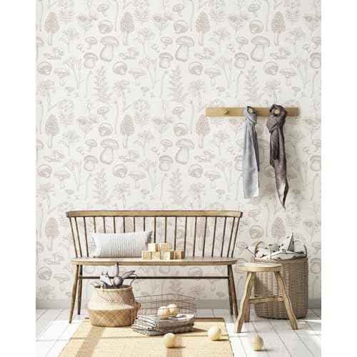 Mushroom Wallpaper, Floral Peel and Stick Wall Paper Removable Contact Paper for Bathroom Bedroom Cabinets, 17.3"¡¿78.7", Beige