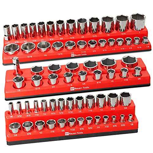 Magnetic Socket Organizer Set -3 Piece SAE Magnetic Socket Holder Set Red - 1/2-inch, 3/8-inch & 1/4-inch Drive, Holds 68 Sockets, Professional Grade Socket Tray Organizer.