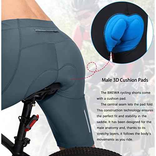 Bikewa Men's Bike Shorts 3D Padded Cycling Road Biking Mountain Riding Biker Bicycle UPF 50+ Cycle Shorts Zipper Pockets