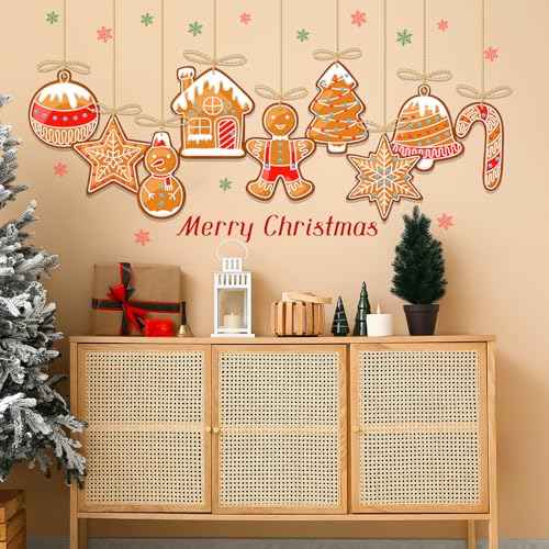 Christmas Gingerbread Wall Decals Removable Vinyl Xmas Wall Stickers Christmas Candy Snowflake Peel and Stick Wallpaper for Winter Holiday Living Room Bedroom Home Office Decor