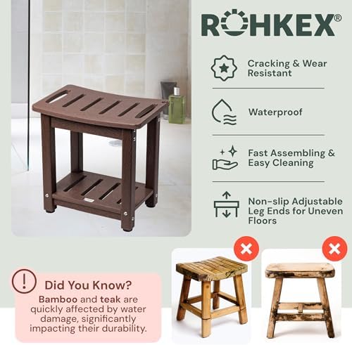 Waterproof Corner Shower Stool - Shower Bench (Dark Brown) - Adjustable Feet for Any Surface - Waterproof Slatted Surface for Efficient Drainage - No Maintenance Needed