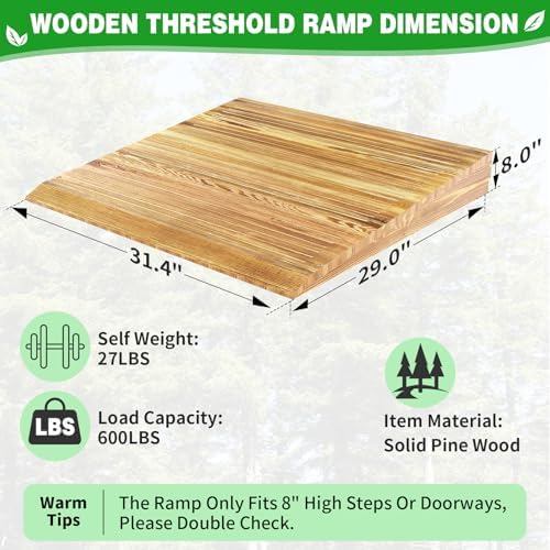 Wooden Threshold Ramp for Home Steps, 8" Rise Doorway Ramp with Non-Slip Grooves, Door Ramp for Wheelchair/Walker/Cart/Scooter, (31.4 W*8.0" H, Solid Pine Wood, 600LBS Capacity)