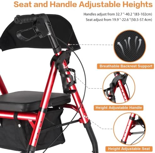 Amblisss Walkers for Seniors with Seat, Foldable Rollator Walkers, 300 lbs Weight Capacity, 8" Wheels Dual Height Ajustable, Rolling Walker with Seat for All-Terrain, Red
