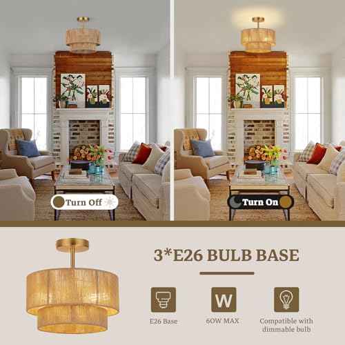 3-Light Boho Light Fixtures Ceiling Mount,12.6'' Rattan Semi Flush Mount Ceiling Light Fixture,Coastal Hemp rope Drum Light Fixtures with 2-Tier Shade, Farmhouse Light Fixture for Bedroom Hallway