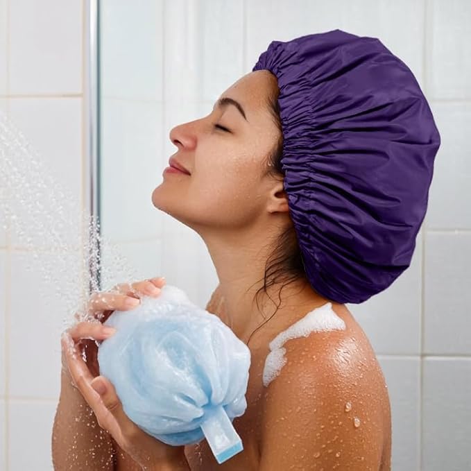 Reusable Shower Cap for Women, Large Waterproof Shower Bonnet with Elastic Band, Washable Bath Hair Cap for Long, Curly Hair, Braids, Daily Shower, Home Spa, Travel(Dark Purple)