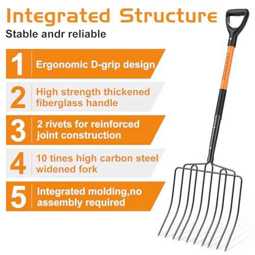 HIGHLIGHT Pitch Fork for Gardening,10 Tines Wide Pitch Fork with Fiberglass Handle, Heavy Duty Pitch Fork for Manure/Bedding/Haystack, 45 Inches