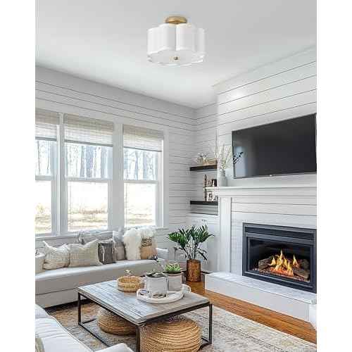 Gold Semi Flush Mount Ceiling Light, 3-Light 12.5" Ceiling Lighting Fixtures with Fabric Shade in Flower Shape, Farmhouse Brass Drum Lights for Nursery Hallway Bedroom, AD-22007-3SF-GD
