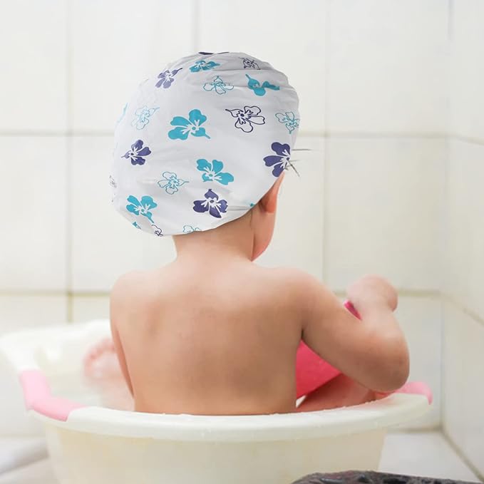 Waterproof Shower Caps, 3 Pcs Plastic Reusable Shower Caps Elastic Band Bath Caps for Women, Kids (Flower)