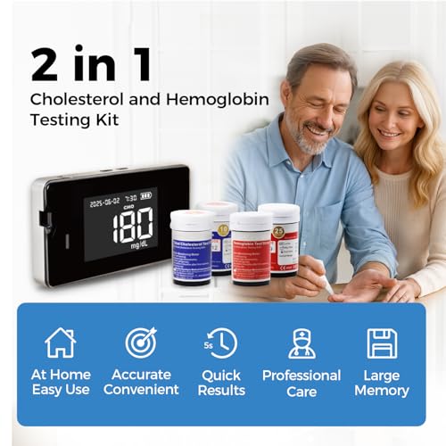LCLBM-01 2 in 1 Total Cholesterol and Hemoglobin Testing Kit Meter Quick Results Monitor At Home Blood Test for Iron Levels Anemia with 50 Hemoglobin and 20 Total Cholesterol Test Strips Lancets