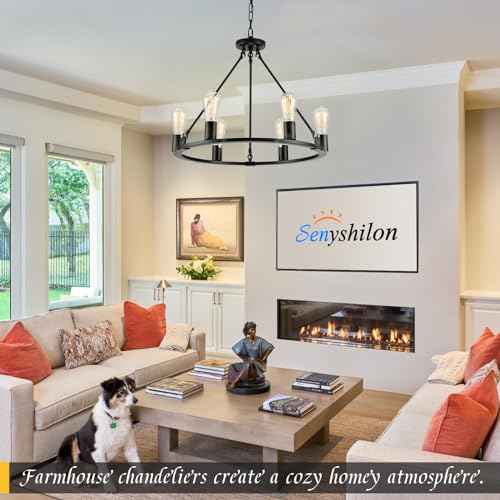 Black Chandelier, 6-Light Dining Room Light Fixture, Round Farmhouse Wagon Wheel Chandeliers for Dining Room Living Room Entryway Kitchen Island Dia 24"