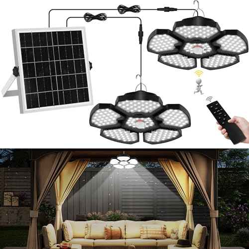 T-SUN Solar Shed Lights Indoor, Motion Sensor/Remote & 5 Modes, IP65 Waterproof Solar Lights for Shop/Garage/Barn, Outdoor Pendant Light for Proch Deck, Energy Saving Hanging Light (2-in-1)