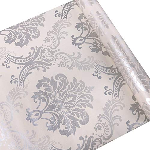 Lependor Silver Damask Peel and Stick Wallpaper Easily Removable Printed Stick Wall Paper Decorative Self Adhesive Shelf Drawer Liner Roll - 17.71¡± Wide x 118¡± Long (17.71" X 9.8 ft, Silver Damask)
