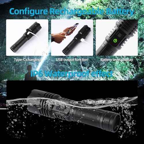 Super Bright LED Rechargeable Flashlights,Zoomable Tactical Flashlights with 6 Modes(UV lamp),6000LM High Powered Flashlight,Waterproof Flash Lights for Camping,Emergency,Outdoor Adventures,Home,Work