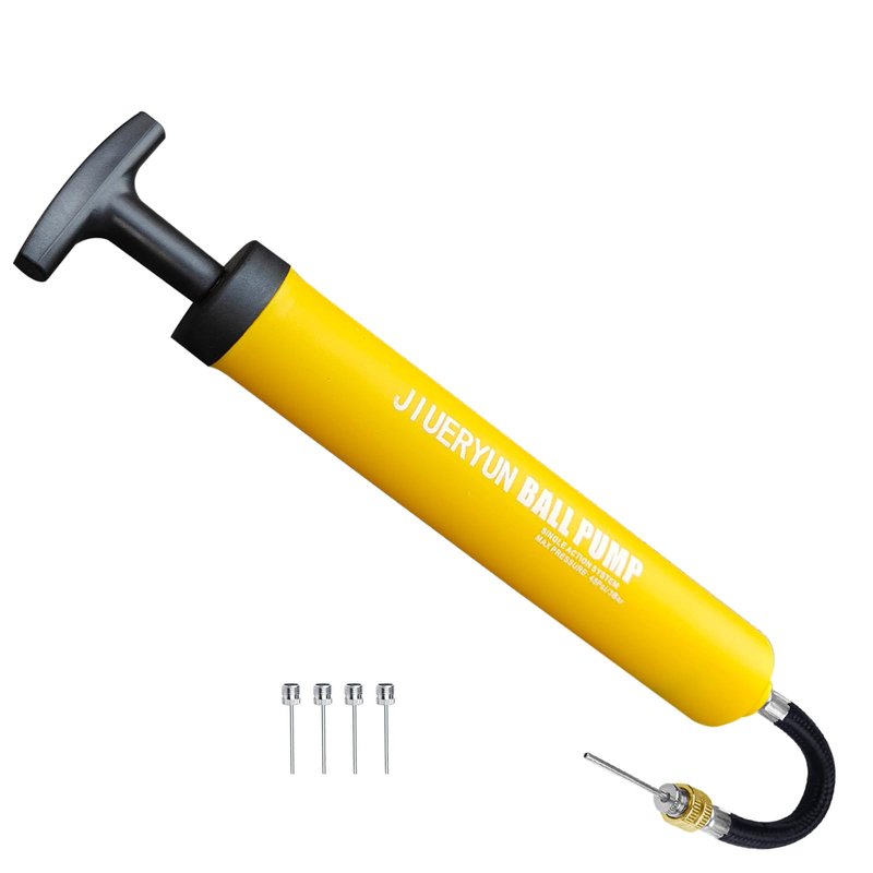 Ball Pump with Needle Storage in Handle - 5 Metal Needles, Flexible Hose - for Soccer, Basketball, Volleyball, Handball - Yellow