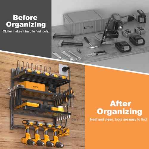 Power Tool Organizer Wall Mount with Charging Station, 4 Drill Holder Cordless Tool Organizer, 4 Layer Storage Rack Heavy Duty Metal Garage Organization with 8 Outlet Power Strip for Fathers Men Gift