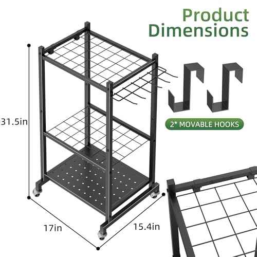 Garden Tool Organizer Stand with Wheels,Yard Tool Organizer for Garage with 2 Hooks, Rack Up to 42 Tools,Broom Holder & Garden Tool Rack for Shed, Patio, Outdoor Use