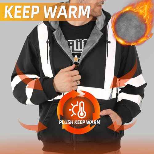 sesafety High Visibility Safety Hoodie for Men Fleece Lined ReflectiveZip up Sweatshirt Class 3 Heavy Duty Hi Vis Jacket