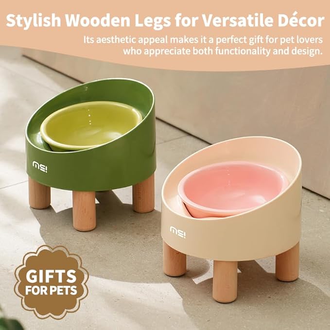 MS!MAKE SURE Ceramic Elevated Cat Bowls with Wooden Stand Set, Adjustable Raised Pet Bowls for Small Dogs & Cats, Anti - Slip Rubber Pad, Leak - Proof, Lead & Cadmium Free, Whisker - Friendly, Pink