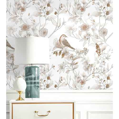Hopepak Peel and Stick Wallpaper 17.3''x78.7'' Brown Floral Bird Wall Paper Self Adhesive Removable Contact Paper Waterproof Vinyl Roll for Bedroom Bathroom Decor