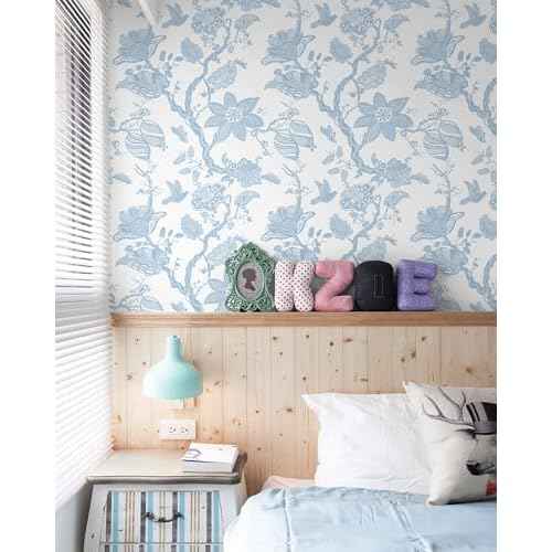 Boho Blue Peel and Stick Wallpaper Wall Paper Modern Contact Paper Boho Bedroom Bathroom Wallpaper Peel and Stick Blue and White Removable Self-Adhesive Wall Decor Vinyl Roll 17.3" x 118"