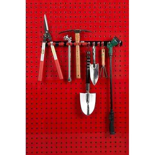 JCK Professional Multi-Purpose Gardening Tool Organizer, Adjustable Red Clips Black Aluminum Rack, Garden Tool Organizer Wall Mount Garage Organizers and Storage with Hooks Tool Hangers for Shed