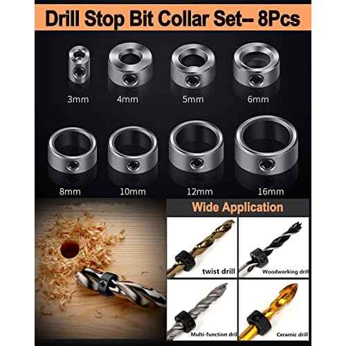 34 Pack Wood Working Chamfer Drilling Tools, 6 Countersink Drill Bit Set, 7 Counter Sinker Drill Bit Set, 8 Plug Cutters for Wood, 8 Drill Stop Bit Collar Set and 3 Step Drill Bits.