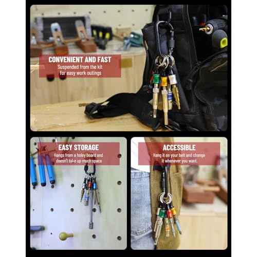 katerk 18pcs Bit Holder with Carabiner Socket for Mens Gift, 1/4 inch Hex Shank Aluminum Alloy Screwdriver Bit Holders, Quick Release Easy Change Impact Driver Drill Bit Keychain Extension