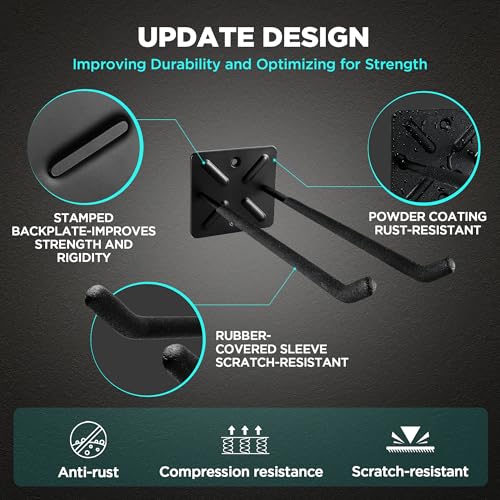 Nacial Garage Hooks, Heavy Duty Garage Hooks, 12.4 Inch Wall Mount Hangers, Max Load 200 lbs Garage Storage Utility Hook for Car Tires, Ladders, Chairs, Strollers, Power Tools, Garden Tools - 4 Pack