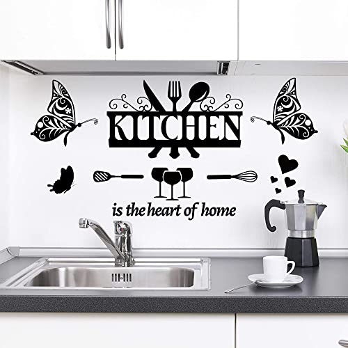 Large Kitchen Wall Decals Dining Room Quotes Wall Stickers The Kitchen is The Heart of Home Sign Decor Word Saying Lettering Wall Decals Butterfly Coffee Cup Sticker for Family Home Restaurant Decor