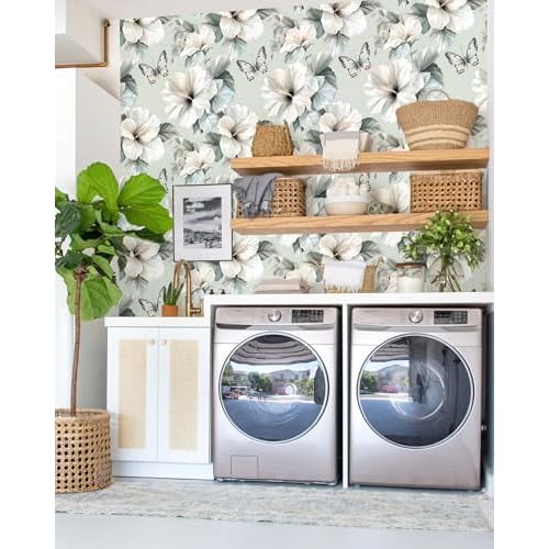 Floral Peel and Stick Wallpaper White Flower Contact Paper 16.9inch x 196.8inch Oil Painting Modern Wall Paper Butterfly Removable Large Floral Decorative Wallpaper Flower Waterproof Vinyl
