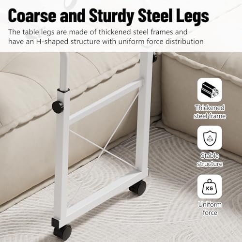 Overbed Table with Wheels, Overbed Desk with Adjustable Length and Height, Rolling Over Bed Desk, King Queen Over The Bed Table on Wheels, Heavy Duty Laptop Table for Hospital and Home (White, 1.2M)