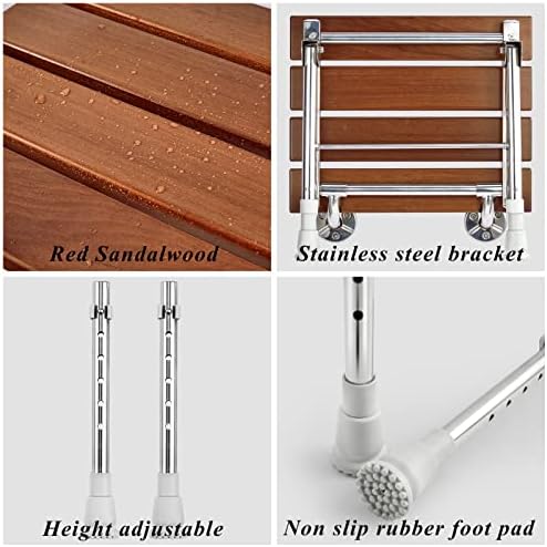 Folding Shower Seat Wall Mounted with Legs, Shower Seat Benches Stool Chair for Inside Shower, Fold Down Shower Seat for Seniors Small Shower Space, Foldable Fold up Waterproof Wood Height Adjustable