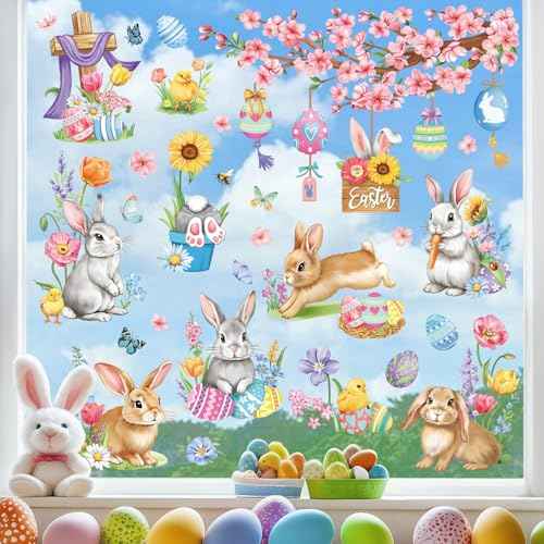 decalmile Spring Easter Window Clings Bunny Rabbit Eggs Window Decals Anti-Collision Glass Window Doors Flower Tree Branch Window Stickers