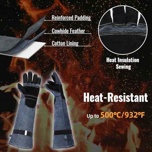 Heavy Duty Animal Handling Gloves - Cat Gloves Bite Proof, Ideal for Dog Training, Falconry, Welding, Gardening - 21.6 inch Grey Black