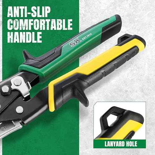 SK 11.5 Inch Aviation Tin Snips, Straight Cut, Cr-Mo Steel Blade, Anti-slip Handle and Safety Latch, for Cutting Sheet Metal