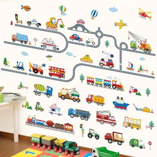 wondever Car Road Wall Stickers Transports Vehicles Truck Construction Peel and Stick Wall Art Decals for Boys Room Kids Bedroom Playroom