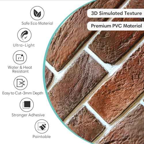 Commomy 3D Brick Wall Panels Peel and Stick - 12 pcs of 22.8" x 11.8" - Thin & UrltraLight Red Brick Wallpaper Stick on Tile for Kitchen, Bedroom, Living Room,TV Background,RV(Covers 22.48 sq.ft)