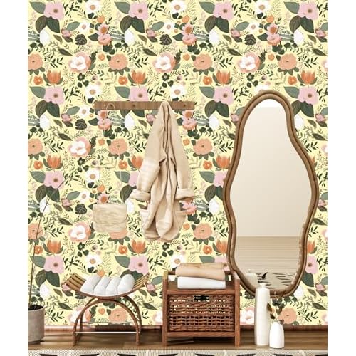 Danodoi Yellow Floral Peel and Stick Wallpaper Vintage Blue Contact Paper Pink Flower Wall Mural Home Vinyl Waterproof Self Adhesive Removable Renter Friendly Wall Paper 17.5" x 118"