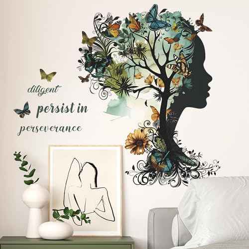 Removable Inspirational Wall Decals Peel and Stick Wall Stickers Art Positive Sayings Sticker DIY Giant Tree Butterfly Wall Decor for Women Girls Bedroom Living Room Sofa Background Decoration