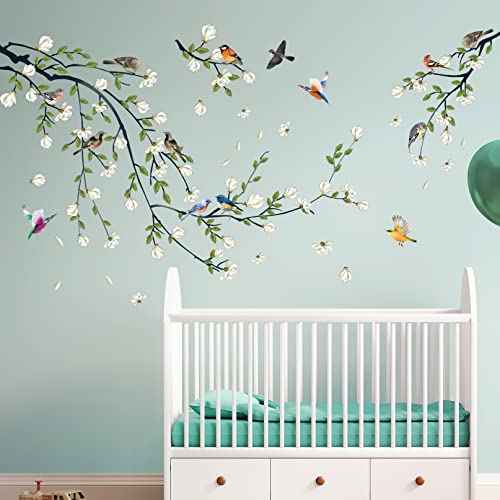 Green Vine Wall Decal White Flowers and Birds on Branch Natural View Wall Sticker DIY Detachable Peel and Stick Wall Art Mural for Living Room Bedroom offcie Home Decor