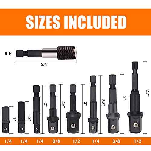 THINKWORK Impact Socket Adapter Set, 1/4" 3/8" 1/2" Drill Socket Adapter Set with 1/4" Hex Shank for Impact Power Driver, Cordless Drill & Screwdriver