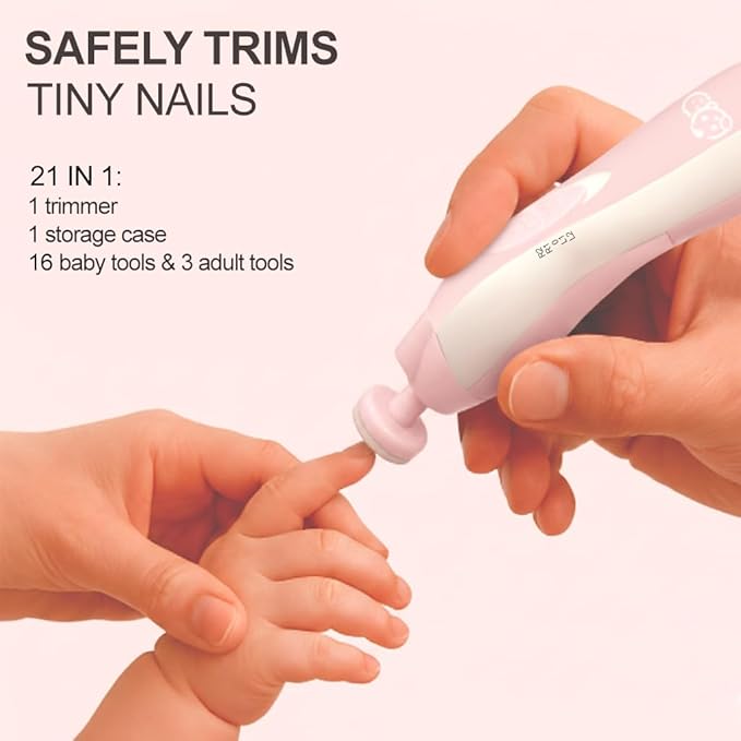 Royal Angels Upgraded 21 in 1 Baby Nail Trimmer with Labeled Case, 13 Extra Replacement Pads, Safe Electric Baby Nail File Kit for Newborns & Toddlers, Whisper Quiet Nail Clipper with LED Light (Pink)