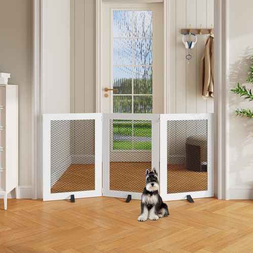 Freestanding Dog Gate Indoor, Foldable Wooden Pet Gate for The House Stairs Doorways, 4 Panels Tall Dog Fence with Support Feet, 59.5"W x 31.5"H, Extra Wide Step Over Fence, White DGHW80101