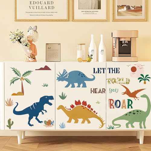 Boho Dinosaur Wall Decals with Palm Trees - Peel and Stick Dinosaur Wall Decor for Boys Room, Kids Bedroom, Playroom