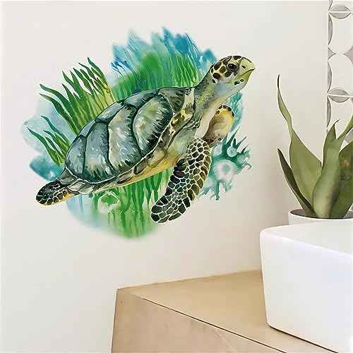 Green Sea Turtle Wall Stickers, sacinora Marine Animal Seaweed Wall Decals Removable Vinyl Peel and Stick for Living Room Bedroom Bathroom Sofa TV Background Art Decorations