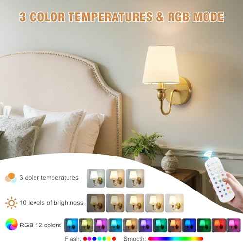 Battery Operated Wall Sconce Set of 2,Wireless Wall Sconces with 10000 mAh,RGB Rechargeable Sconces with Remote,Cordless Wall Lights for Bedroom,Living Room,Bathroom,Renter Friendly Home Decor (Gold)